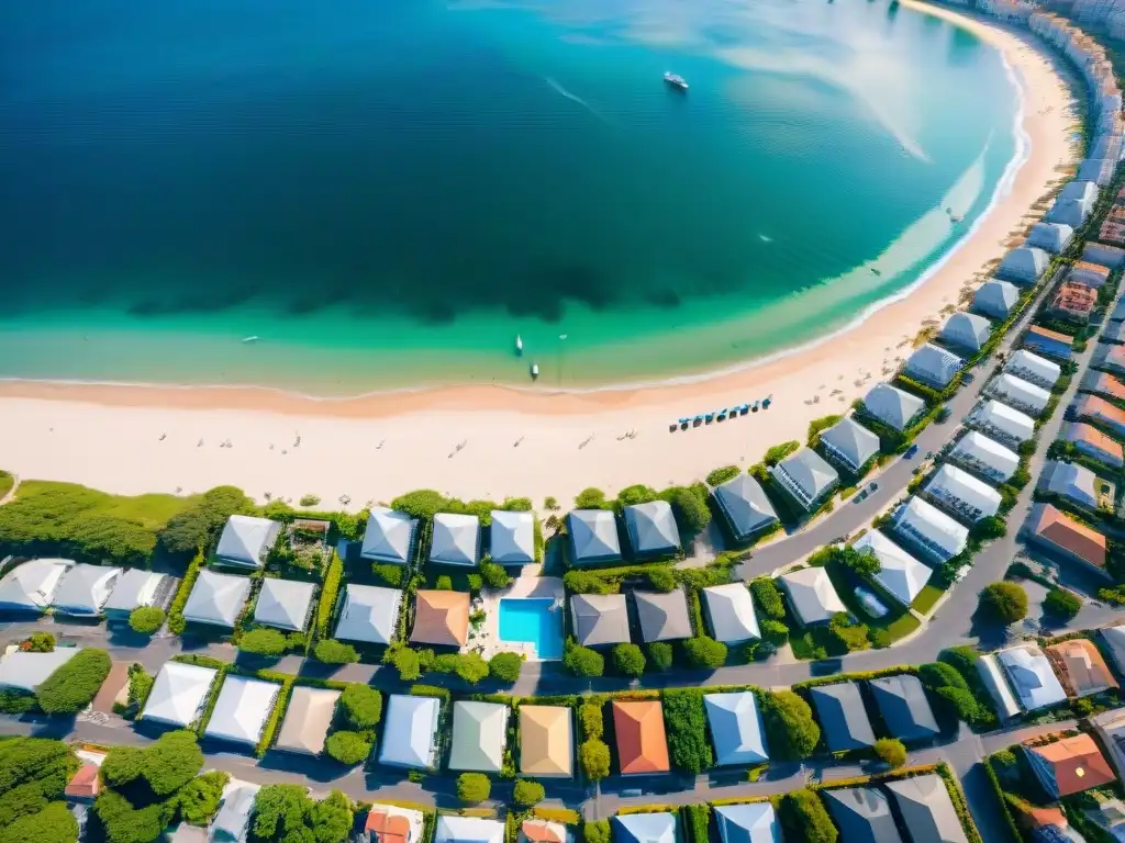 Costa urbana: real estate crowdfunding en ciudad costera Vista aérea de una ciudad costera bulliciosa con rascacielos, marina y playa llena de bañistas