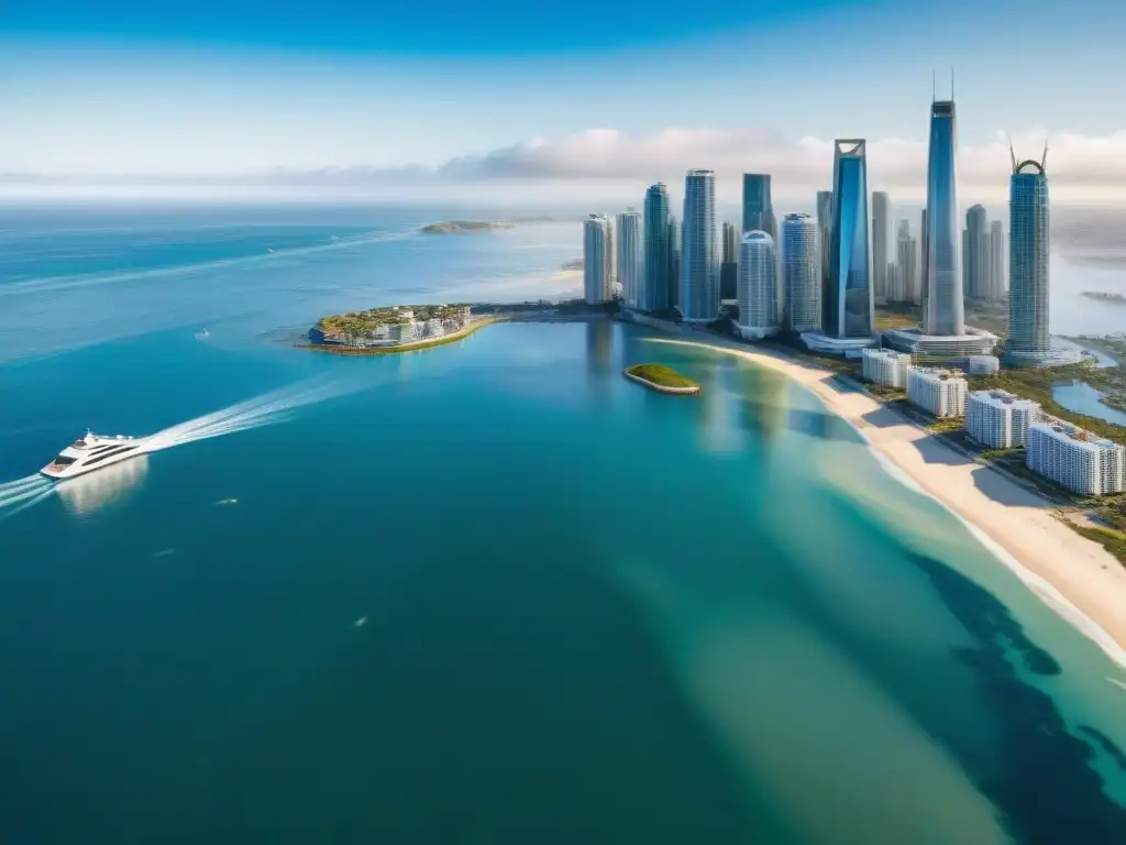 Horizonte costero futurista: innovación en REITs Vista aérea de ciudad costera moderna con rascacielos y tecnología