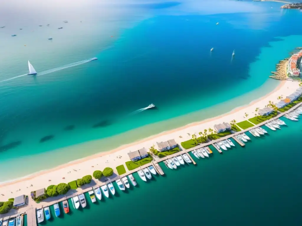 Inversión en propiedades costeras: ciudad vibrante y playa soleada Vista aérea de una ciudad costera bulliciosa con rascacielos modernos en la costa, una animada marina llena de yates y una playa de arena repleta de bañistas y sombrillas coloridas
