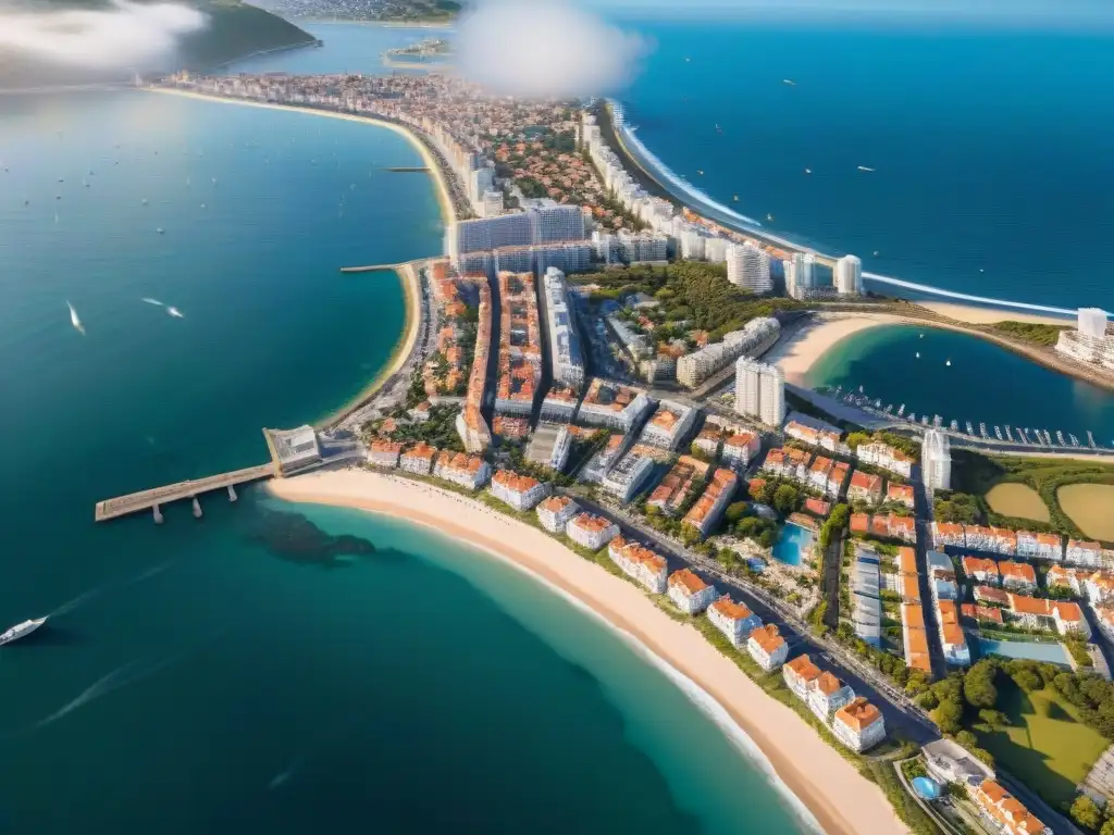 Costa urbana: modernidad y tradición en ciudad costera Vista aérea de ciudad costera con modernos rascacielos y propiedades tradicionales frente al mar