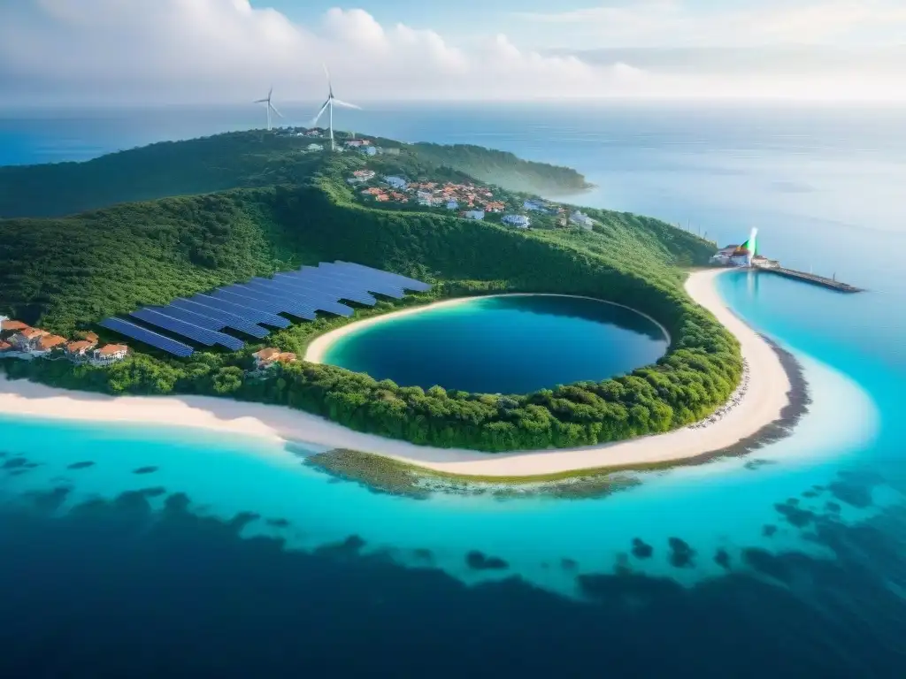 Sostenibilidad costera: arquitectura moderna y naturaleza exuberante Vista aérea de una ciudad costera sostenible, con arquitectura moderna, paneles solares y playa cristalina