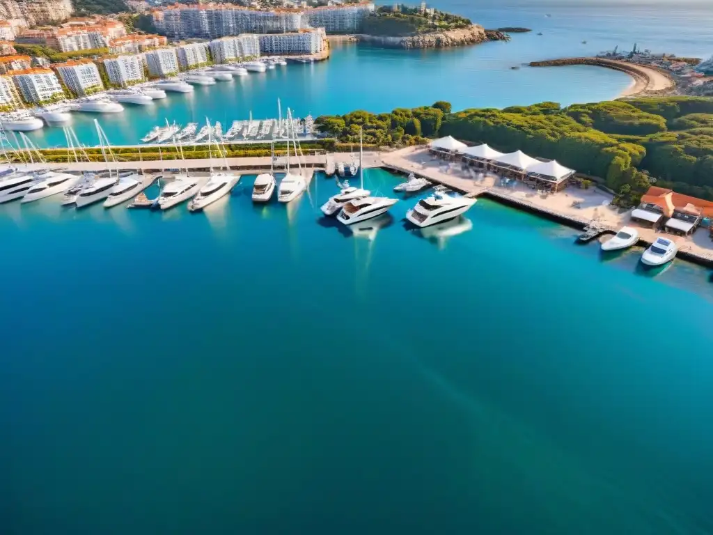 Metrópolis costera: vida urbana y esplendor natural en 2023 Vista aérea de una ciudad costera vibrante con rascacielos modernos en el paseo marítimo, yates de lujo atracados en un puerto deportivo, y una bulliciosa avenida llena de personas disfrutando del día soleado, reflejando el auge inmobiliario en ci