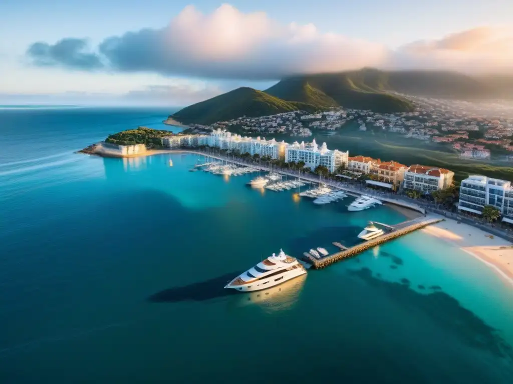 Metrópolis costera de lujo: inversión inmobiliaria en primera línea de mar Vista aérea de ciudad costera con rascacielos, yates, cafés y tiendas en el paseo marítimo