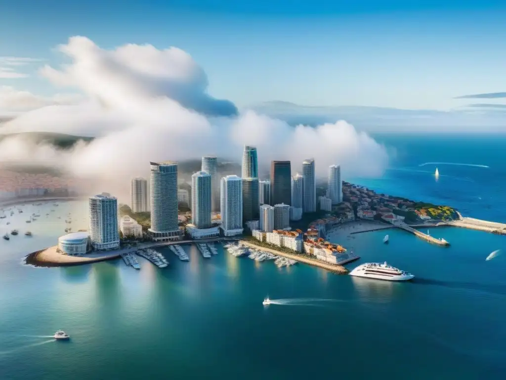 Vista aérea de ciudad costera con puerto vibrante y edificios modernos y históricos