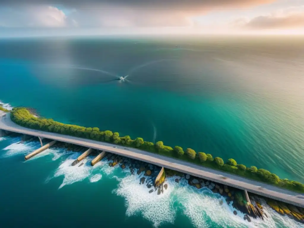 Innovación costera: ciudad protegida por tecnología avanzada y muro marino Vista aérea de ciudad costera protegida por tecnología avanzada contra desastres naturales