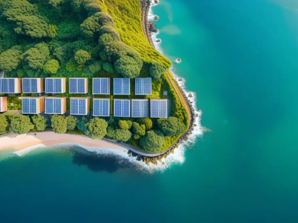 Arquitectura bioclimática: ciudad costera sostenible Vista aérea de ciudad costera moderna con arquitectura bioclimática integrada en paisaje marino, destacando sostenibilidad