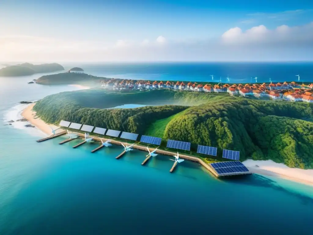 Costa del futuro: mezcla de tradición y ecoinnovación en 2025 Vista aérea de una ciudad costera con propiedades tradicionales y ecoamigables, reflejando la fusión pasado-futuro en desarrollo inmobiliario costero