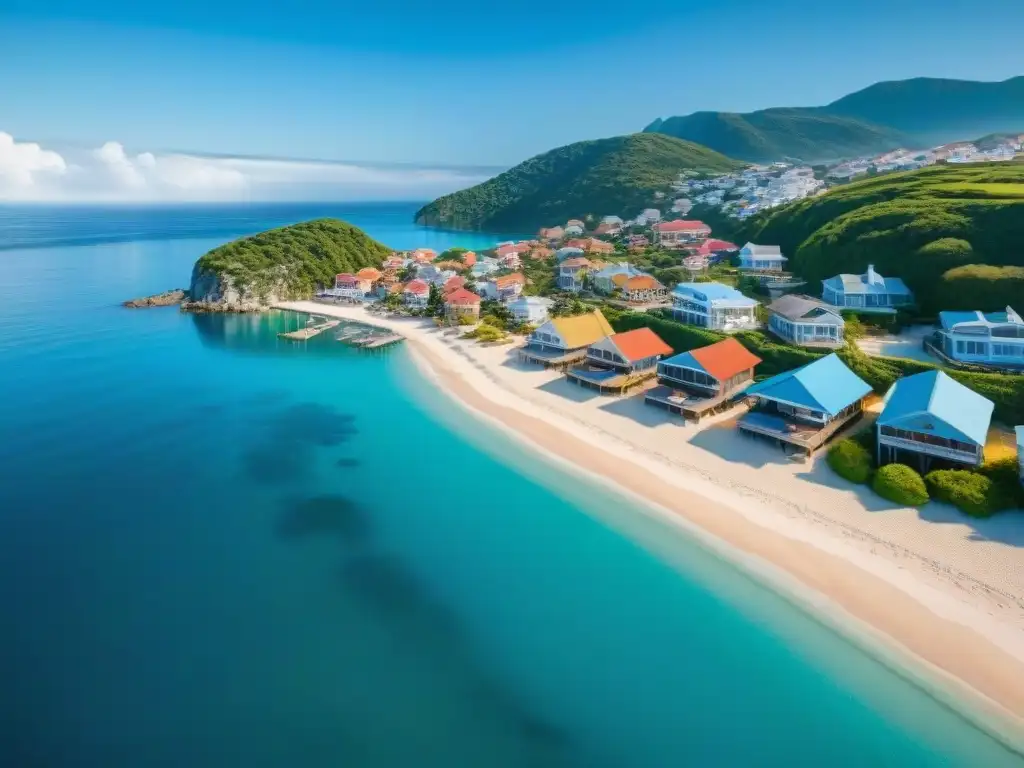Costa paradisíaca: alquileres vacacionales en pueblo costero Vista aérea de una ciudad costera con casas de alquiler vacacional, fusionando arquitectura tradicional con comodidades modernas