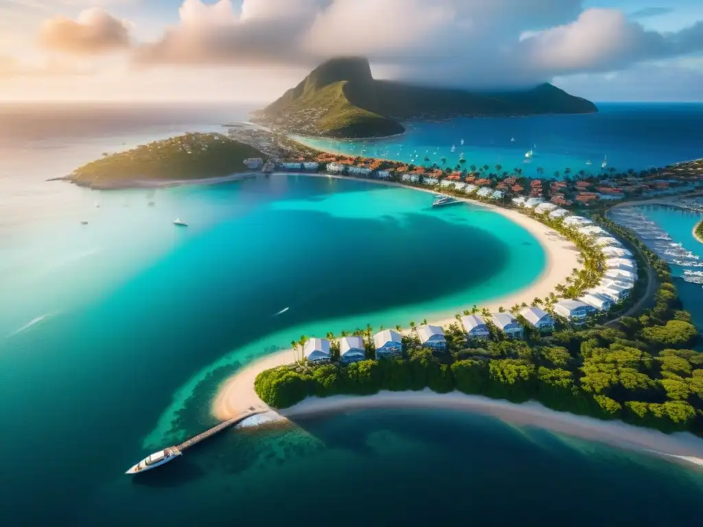 Costa de lujo: ciudad costera con propiedades de playa y marinas exclusivas Vista aérea de una ciudad costera vibrante con propiedades lujosas, marinas bulliciosas y costa prístina con palmeras