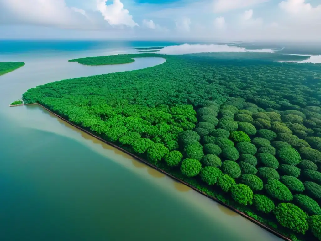 Armonía urbano-natural: ciudad costera entre manglares Vista aérea de ciudad costera integrada con exuberantes manglares, resaltando la conservación costera en planificación urbana