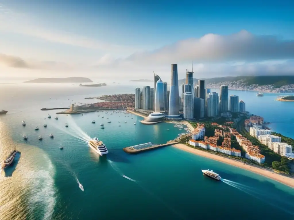 Horizonte urbano con costa serena: fusión perfecta Vista aérea de una ciudad con estilo costero, donde los rascacielos se mezclan con la serenidad del mar