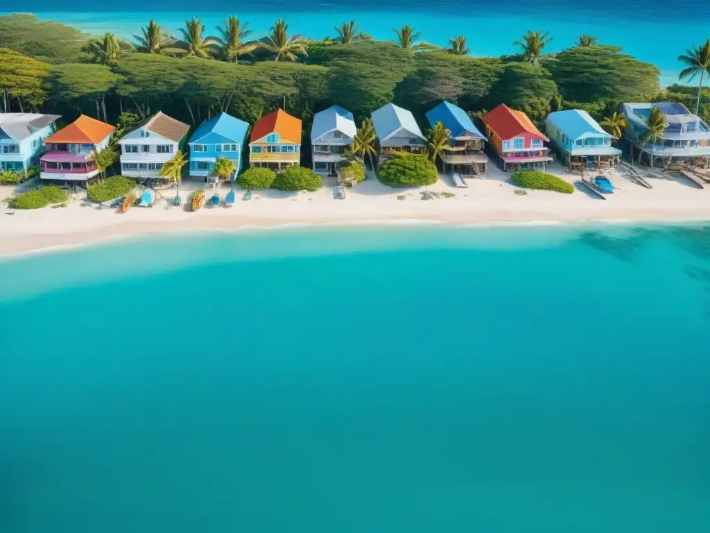 Vida costera: colores vibrantes y tranquilidad en el paraíso Vista aérea de una comunidad costera vibrante con casas coloridas en la costa y barcos en aguas turquesas
