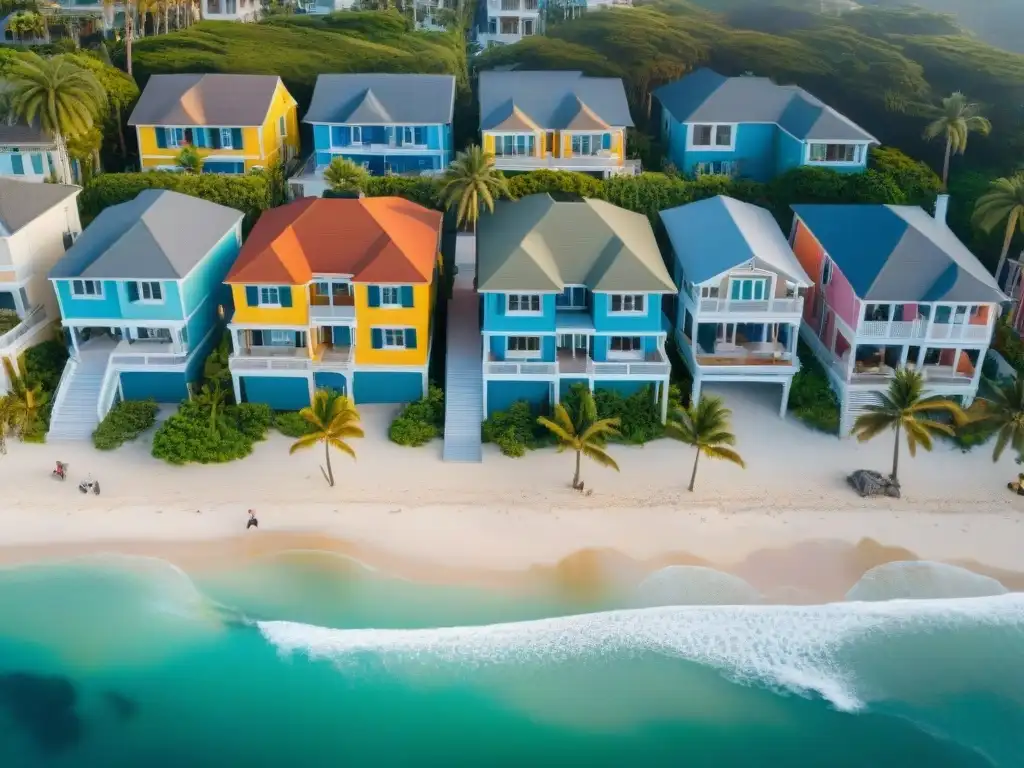 Proyecto inmobiliario costero: colaboración y progreso Vista aérea de comunidad costera con casas coloridas y palmeras