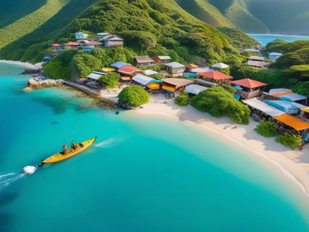 Paraíso costero: turismo sostenible en armonía con la naturaleza Vista aérea de comunidad costera: turismo sostenible, mercado local y arte callejero