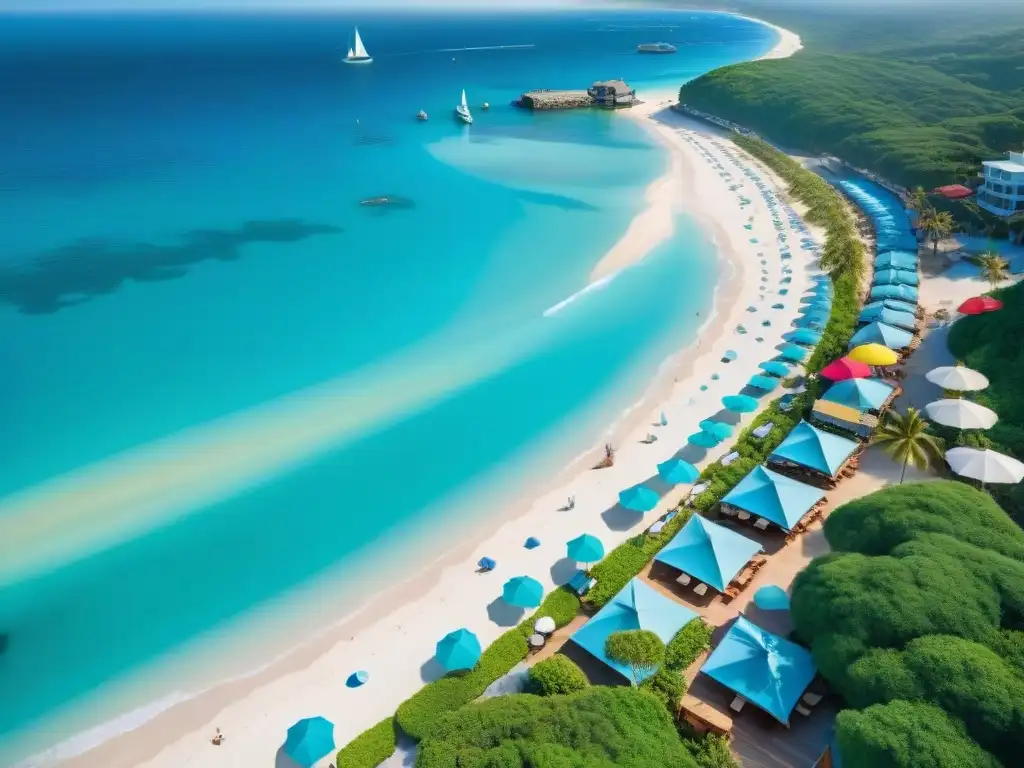Vista aérea de una concurrida pasarela de playa con sombrillas coloridas y vendedores locales, mostrando destinos rentables de inversión costera