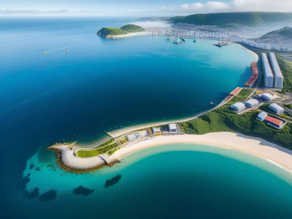 Desarrollo costero: construcción en un encantador paisaje marítimo Vista aérea de construcción en costa con préstamos construcción costa tasas interés