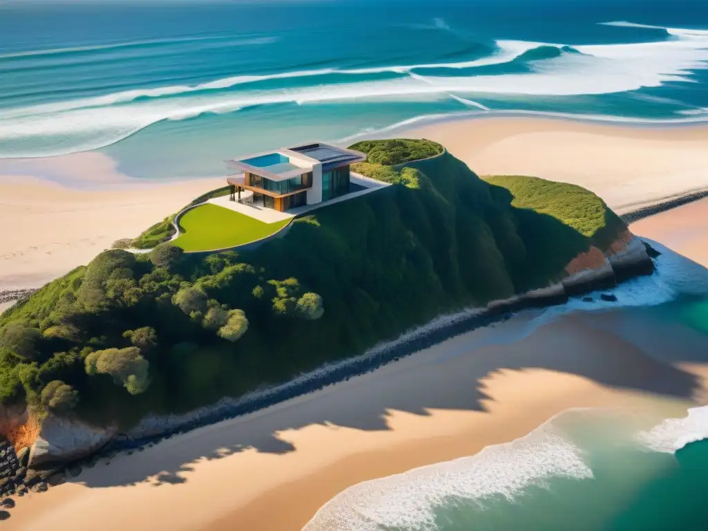 Arquitectura costera innovadora: detalles y armonía Vista aérea de construcción costera con materiales innovadores, armonía entre arquitectura y naturaleza