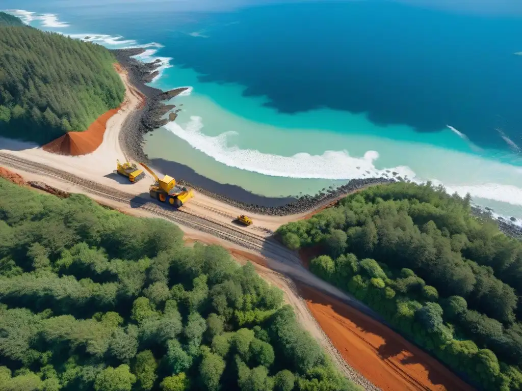 Proyecto costero: maquinaria pesada en acción junto al mar y bosque Vista aérea de construcción costera con maquinaria pesada trabajando cerca del mar y bosque