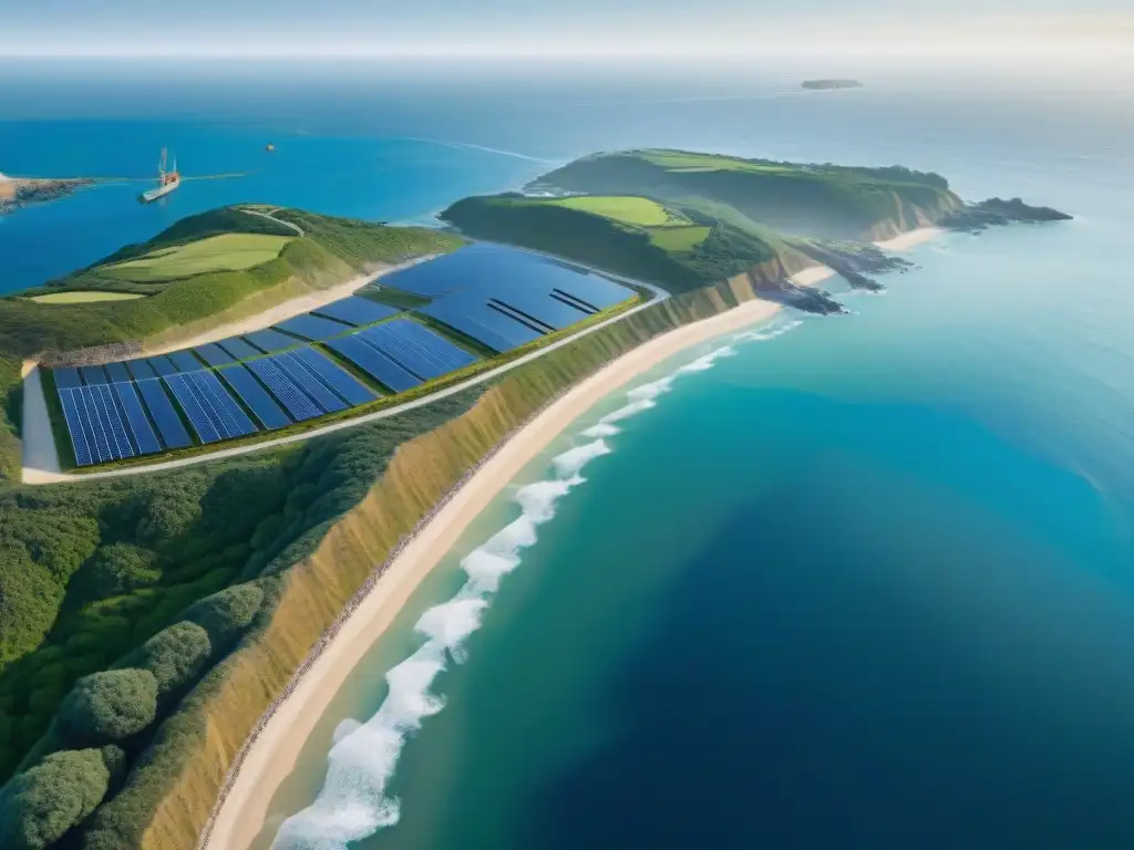 Costa ecológica: innovación en construcción sostenible Vista aérea de construcción costera eco amigable integrada en entorno natural