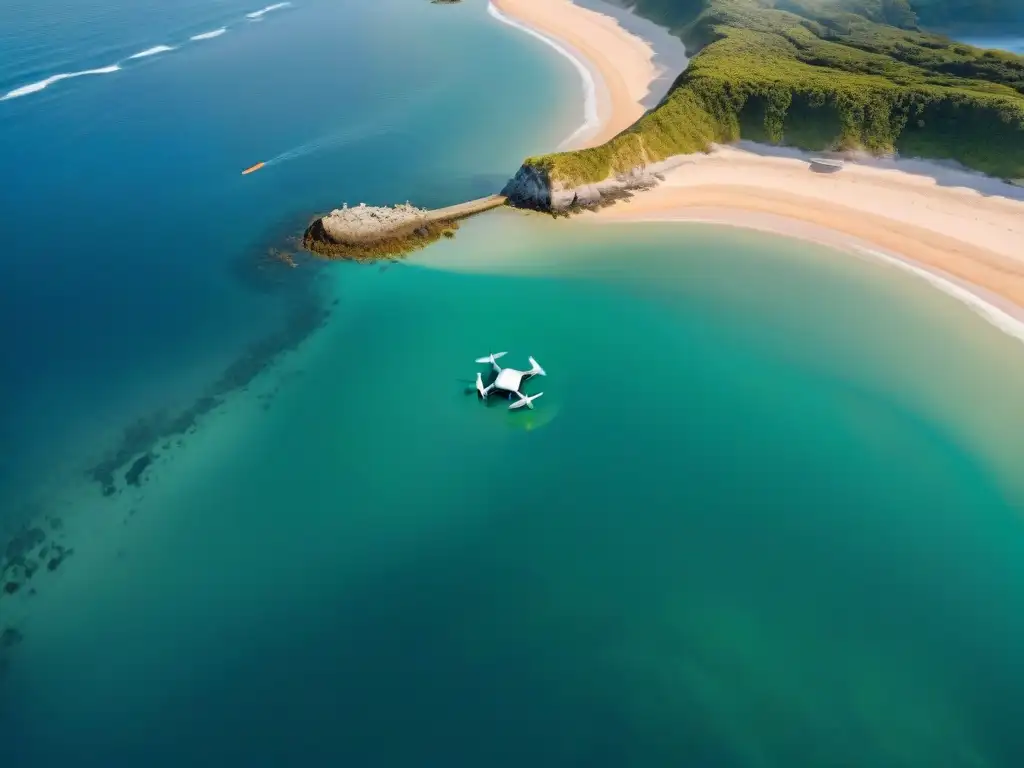 Defensas costeras inteligentes: fusión tecnológica Vista aérea de construcciones costeras inteligencia artificial integradas con el paisaje natural, drones monitorean la costa