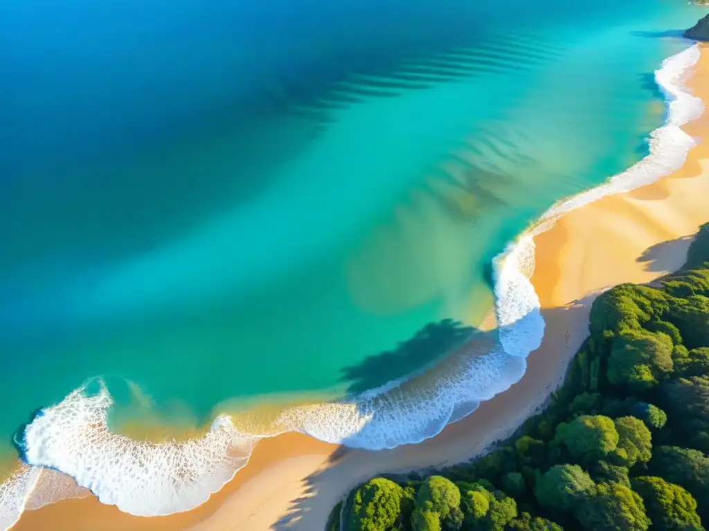 Costa paradisíaca: Aguas turquesas, arena y bosque en armonía Vista aérea de costa con aguas turquesas y playa dorada