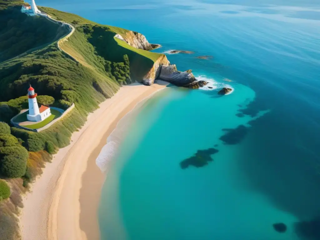 Costa paradisíaca: aguas turquesas, arena dorada y faro sereno Vista aérea de costa con aguas turquesas, arena dorada y faro