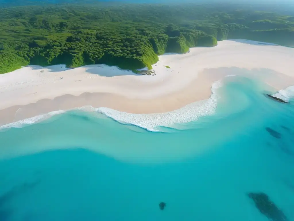 Paraíso costero: aguas turquesa y arena dorada bajo el cielo azul Vista aérea de costa prístina con aguas turquesas y playas doradas