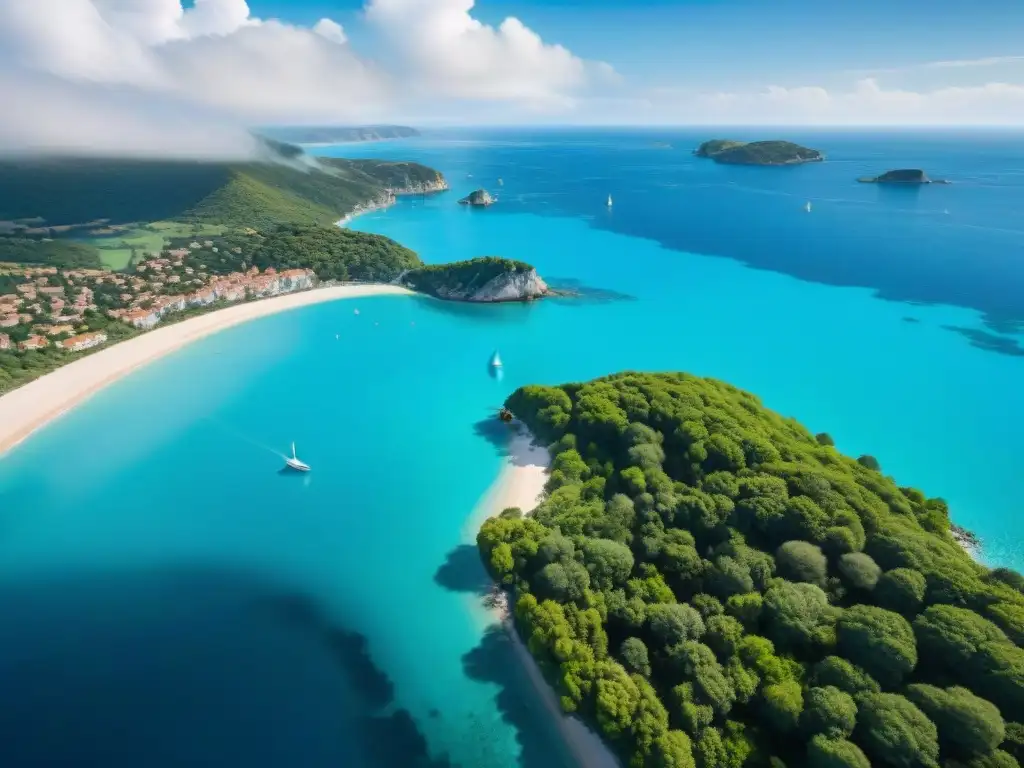 Costa paradisíaca: Playa dorada y aguas turquesa Vista aérea de costa con aguas turquesa, playas doradas y un encantador pueblo costero