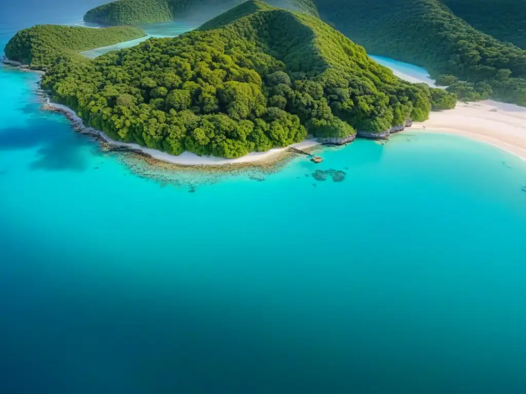 Costa tropical: belleza y conservación marina Vista aérea de costa con aguas turquesas, playas doradas, vegetación exuberante y arrecifes de coral
