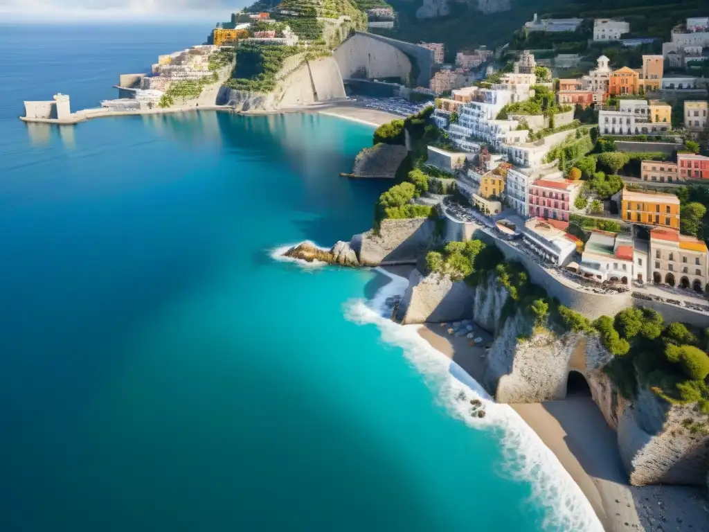Costa Amalfitana: Belleza natural y arquitectura vibrante Vista aérea de la costa escarpada de la Costa Amalfitana con aguas turquesas, edificaciones coloridas y vegetación exuberante