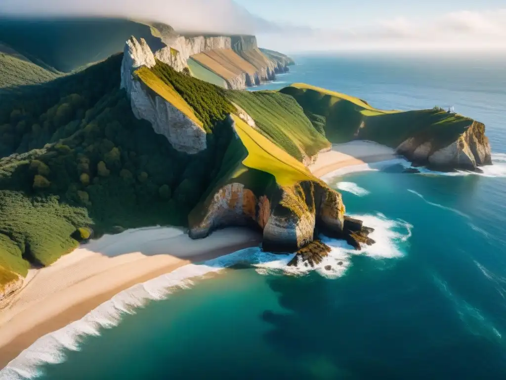 Costa salvaje: lujo y naturaleza en armonía Vista aérea de costa escarpada con propiedades costeras, reflejos de sol en el mar