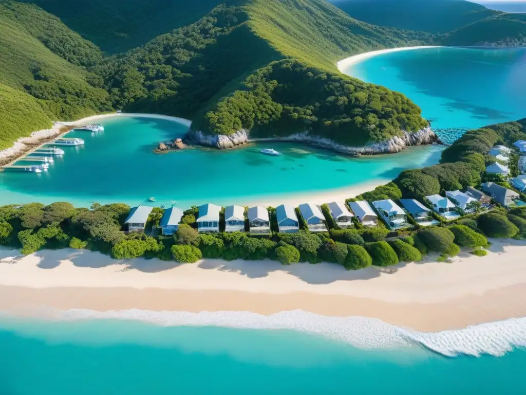 Costa exclusiva: propiedades de lujo en playa paradisíaca Vista aérea de costa exclusiva con propiedades lujosas frente al mar