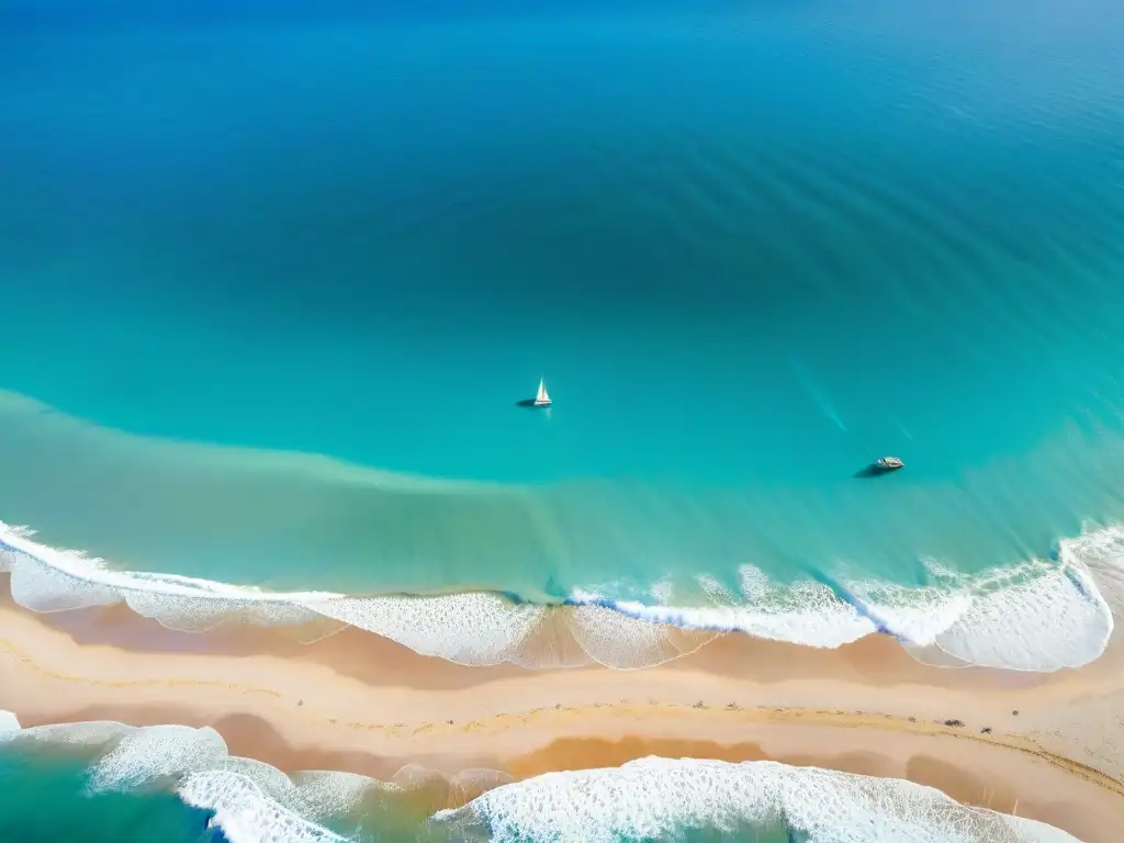 Costa dorada: paraísos costeros y seguros Vista aérea de costa hermosa con palmeras, sombrillas y veleros