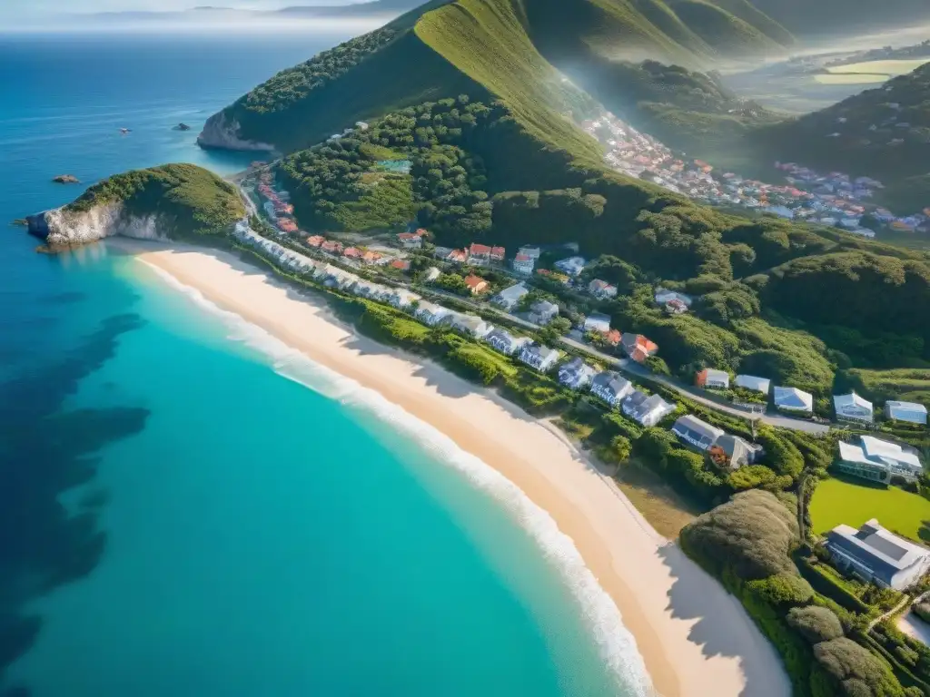 Costa paradisíaca: playas, aguas turquesas y encanto costero Vista aérea de costa idílica con playas de arena blanca y aguas turquesas