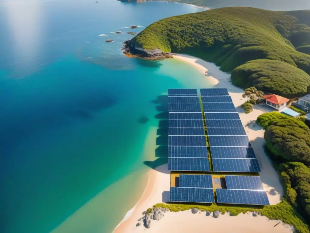 Costa solar: energía verde en armonía con el mar Vista aérea de la costa con paneles solares en los techos