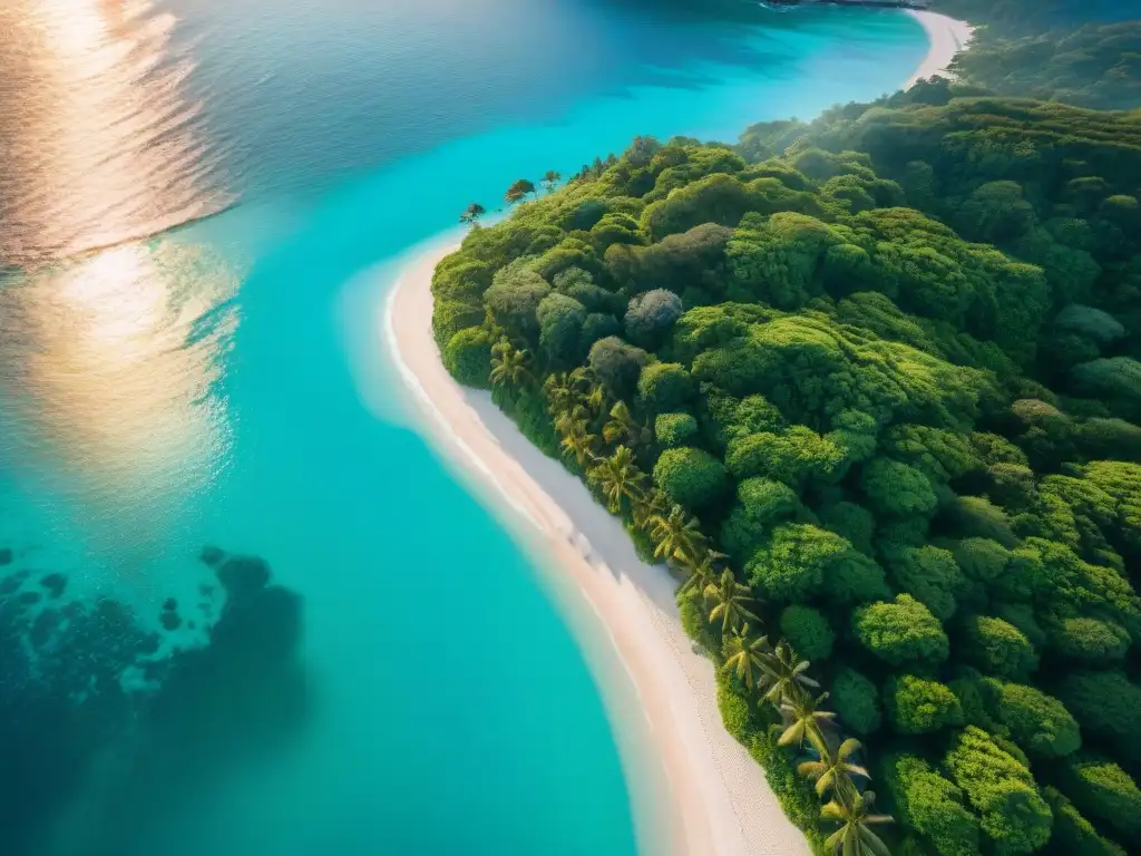 Paraíso costero: aguas turquesas, playas de arena blanca y atardecer dorado Vista aérea de costa paradisíaca con aguas turquesa, playas blancas y vegetación exuberante
