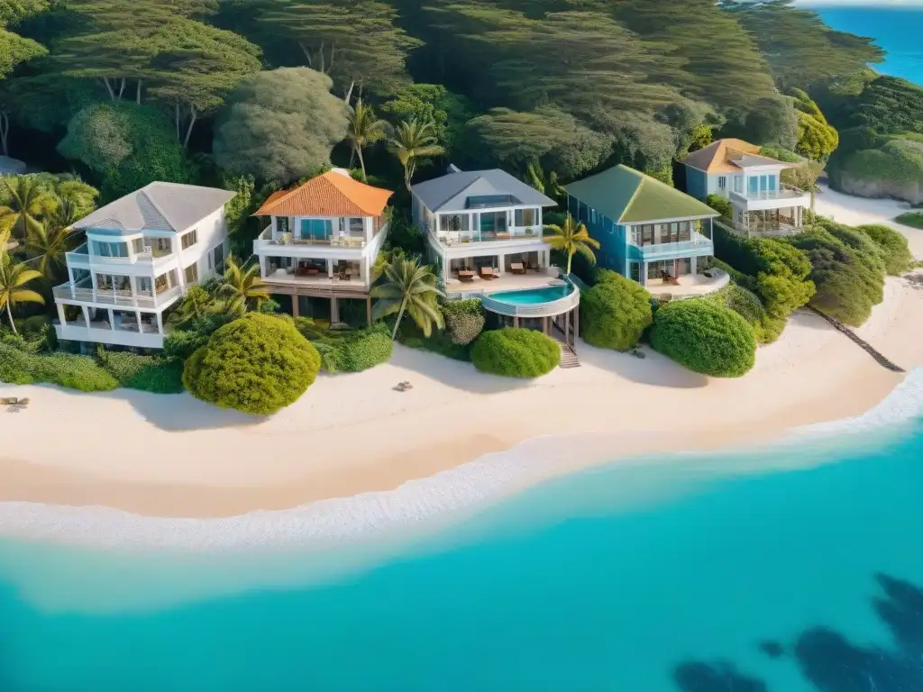 Costa de lujo: hogares exclusivos frente al mar en 2023 Vista aérea de la costa con propiedades costeras de lujo, jardines y muelles privados
