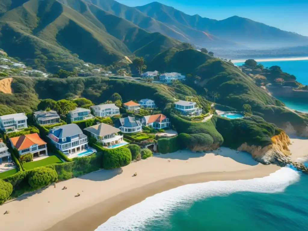 Propiedades de lujo en Malibú: exclusividad frente al mar Vista aérea de la costa de Malibú con propiedades lujosas y jardines exuberantes frente al mar