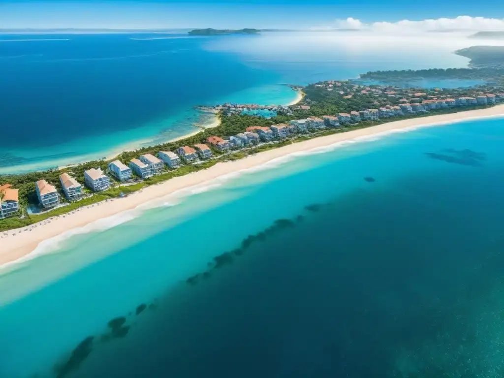 Inversión costera: panorámica de propiedades inmobiliarias junto al mar Vista aérea de costa con propiedades inmobiliarias y crowd funding inmobiliario en la costa
