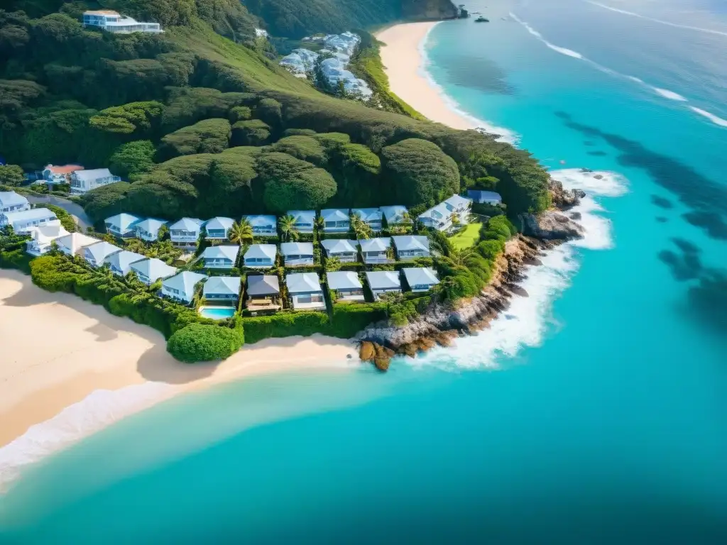 Costa de lujo: propiedades exclusivas en paisaje paradisíaco Vista aérea de costa con propiedades lujosas, aguas azules y exuberante vegetación