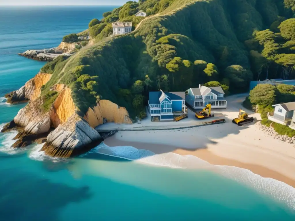 Desarrollo inmobiliario costero: paisaje en construcción Vista aérea de la costa con proyectos inmobiliarios en construcción