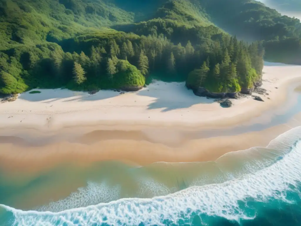 Costa serena: armonía entre playa y bosque en alta resolución Vista aérea de una costa serena con playas de arena, bosque verde y mar azul