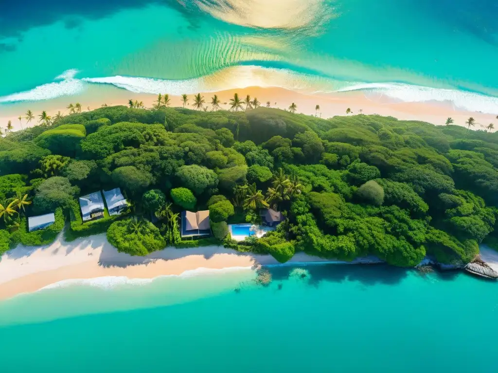 Vista aérea de costa serena con aguas turquesa, olas suaves, playa de arena y propiedades lujosas