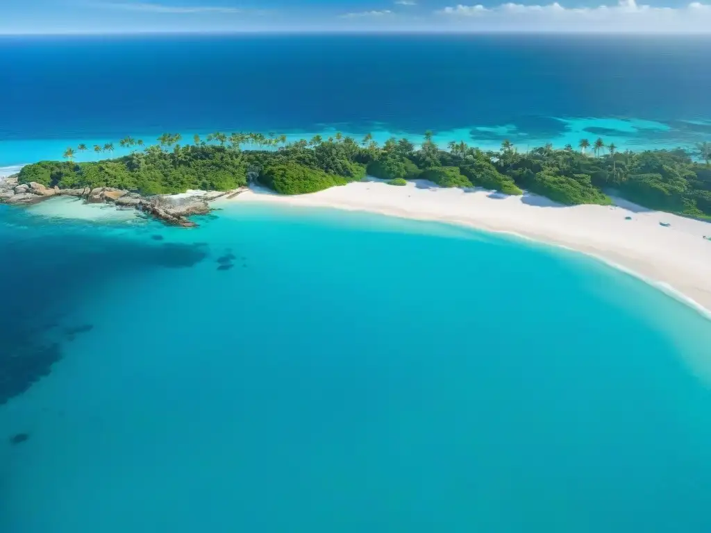 Costa tropical: aguas cristalinas, playas blancas y palmeras exuberantes Vista aérea de costa tropical paradisíaca, aguas turquesa, playas blancas, palmeras