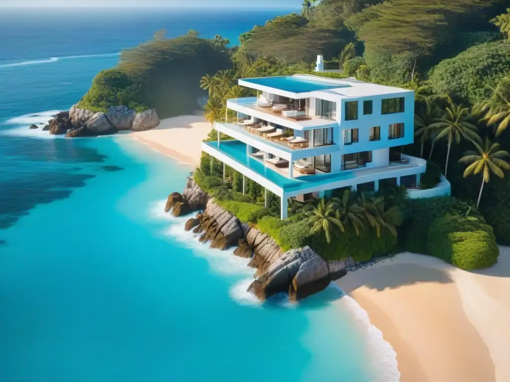 Mansión de lujo en acantilado con vista al mar Vista aérea de mansión costera de lujo en acantilado, decoración en colores tranquilos, fusionando la naturaleza con el lujo