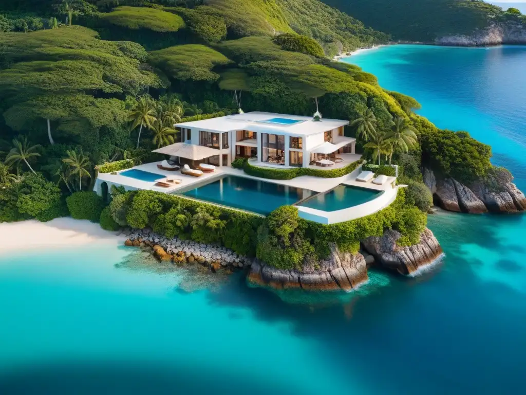 Residencia de lujo frente al mar: opulencia en acantilado Vista aérea de mansión costera de lujo en acantilado, con piscina infinita privada y helipuerto