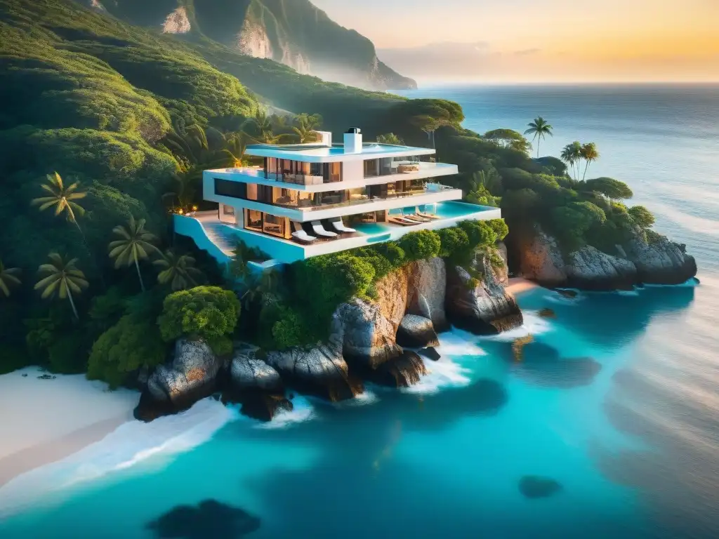 Mansión de lujo en acantilado: exclusividad frente al mar Vista aérea de mansión costera de lujo en acantilado, con diseño moderno y paisaje natural