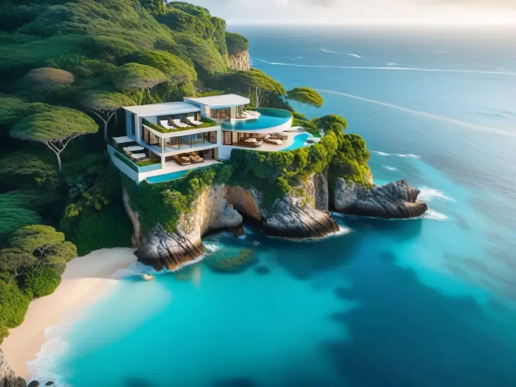 Mansión de lujo en acantilado con vista al mar turquesa Vista aérea de mansión costera de lujo con piscina infinita y jardines exuberantes