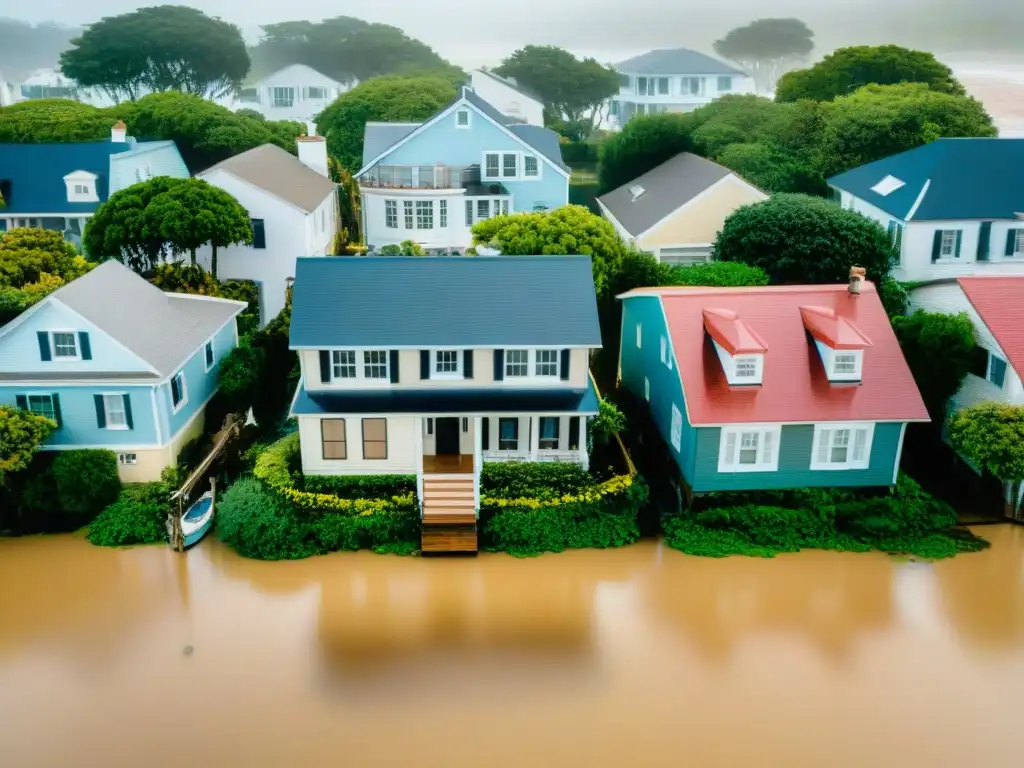Devastación costera: impacto de inundación en viviendas y calles Vista aérea de desastre por inundación costera, casas sumergidas y calles inundadas