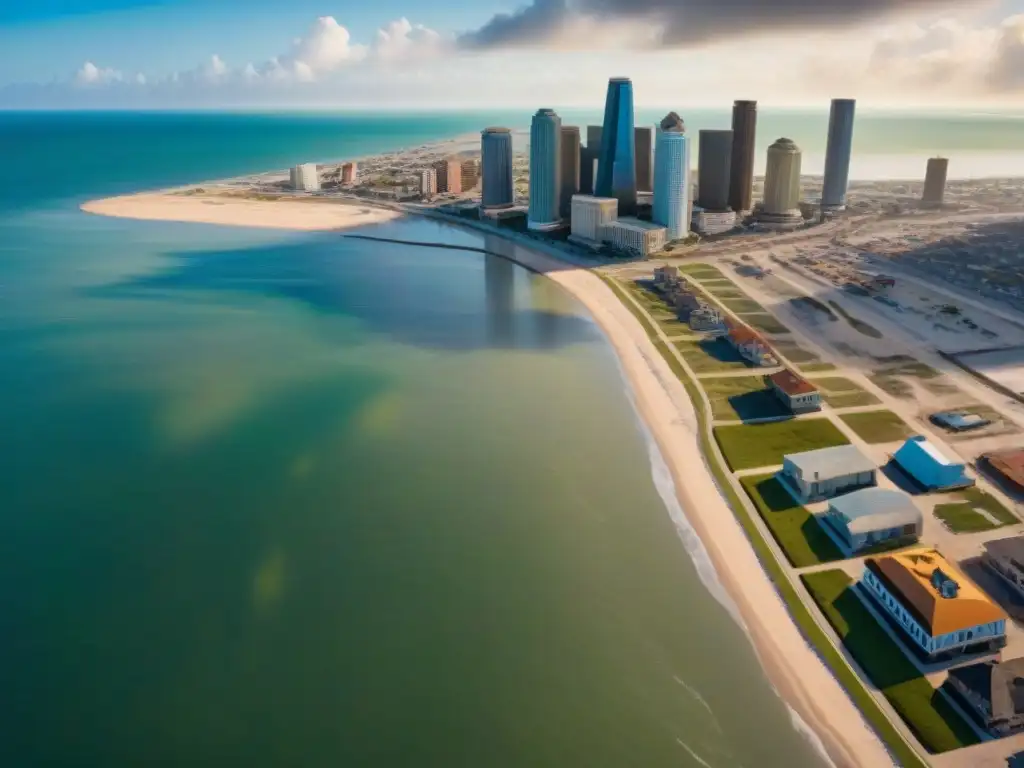 Reconstrucción resiliente en Galveston tras desastre natural Vista aérea de Galveston, reconversión tras desastre natural con ingenio y determinación